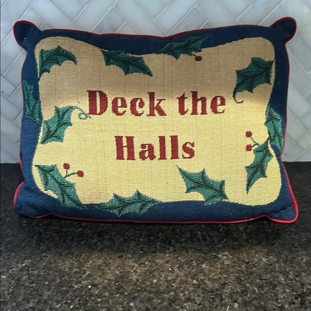 Festive Deck the Halls Holiday Pillow red and blue Christmas pillow rectangle